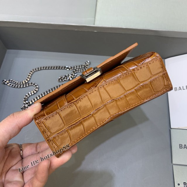 Balenciaga專櫃爆款手提女包 巴黎世家鱷魚紋牛皮焦糖色mini Hourglass沙漏包 fyj1017